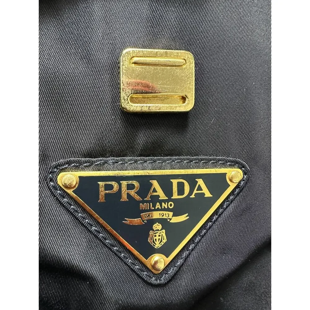 Prada Nylon Top Handle Bag Womens Small Blue Gold Metal Handle Italy Authentic